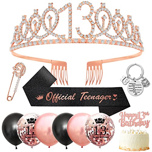 13 Geburtstag Mädchen, 13. Geburtstag Schärpe und Geburtstagskrone Mädchen Teenager Geschenke Mädchen 13 Jahre mit Rose Gold 13 Krone,13 Birthday Schärpe,Luftballon,Tortendeko for Teen Girl Gifts von SWPEED