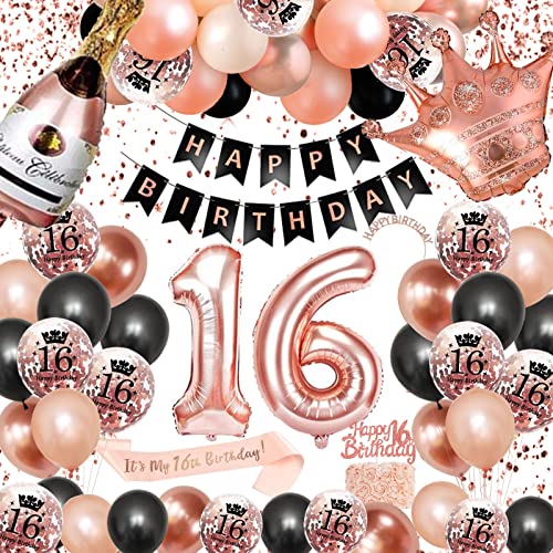 16. Geburtstag Dekorationen Mädchen, SWPEED Rosegold Schwarz Deko Set 16th Ballons Happy Birthday Banner Girlande Konfetti luftballon Frauen Mädchen Geburtstag Deko 16 Geburtstag Party Deko Supplies von SWPEED