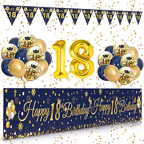 18. Geburtstag Dekoration Jungen Mädchen, Extra Lange Happy Birthday Banner Girlande Wimpel (9 * 1.21 Füße), 18 Geburtstag Deko Banner Hintergrund und Navy Blau Gold luftballons Konfetti Luftballon von SWPEED