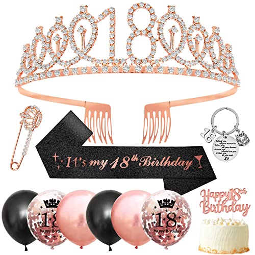 18. Geburtstag Mädchen,18. Geburtstag Schärpe und Tiara,Geschenke Zum 18 Geburtstag Mädchen,Rose Gold Kristall Tiara Krone Birthday Schärpe,Luftballons Tortendeko Party Zubehör 18 Jährige Geburtstag von SWPEED