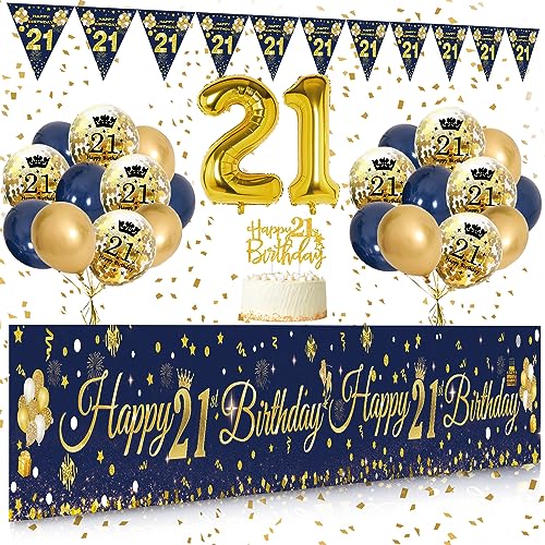 21 Geburtstag Dekoration Frau Mann, Extra Lange Happy Birthday Banner Girlande Wimpel (9*1.21 Füße), 21. Geburtstag Deko Banner Hintergrund und Navy Blau Gold luftballons Konfetti Luftballons von SWPEED