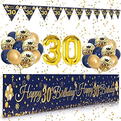 30 Geburtstag Dekoration Männer Frauen, Extra Lange Happy Birthday Banner Girlande Wimpel (9 * 1.21 Füße), 30. Geburtstag Deko Banner Hintergrund und Navy Blau Gold luftballons Konfetti Luftballon von SWPEED