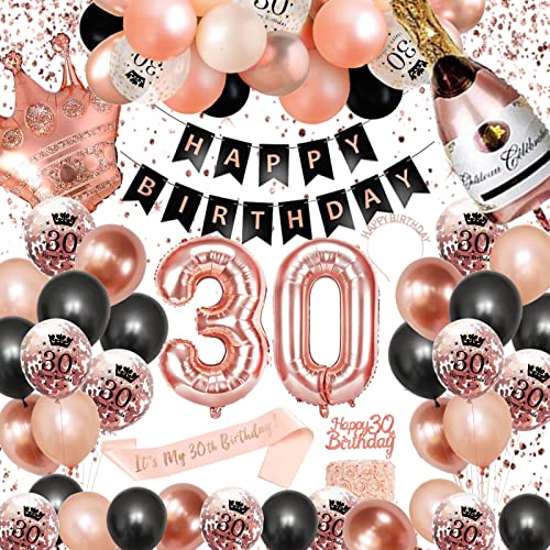 30. Geburtstag Dekorationen Frauen, SWPEED Rosegold Schwarz Deko Set 30th Ballons Happy Birthday Banner Girlande Konfetti luftballon Mädchen Frauen Geburtstag Deko 30 Geburtstag Party Deko Supplies von SWPEED