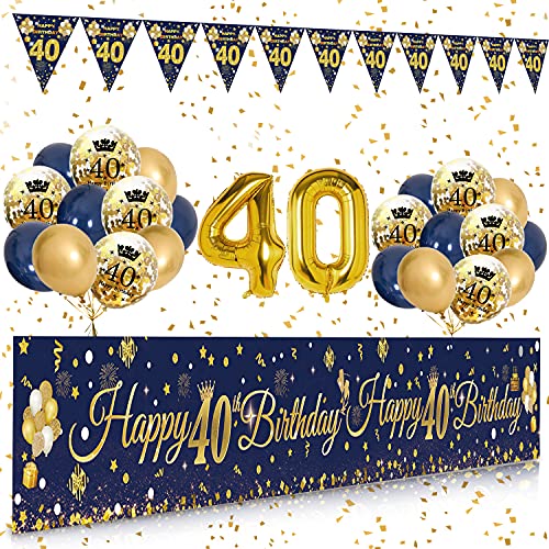 40 Geburtstag Dekoration Männer Frauen, Extra Lange Happy Birthday Banner Girlande Wimpel (9 * 1.21 Füße), 40. Geburtstag Deko Banner Hintergrund und Navy Blau Gold luftballons Konfetti Luftballon von SWPEED