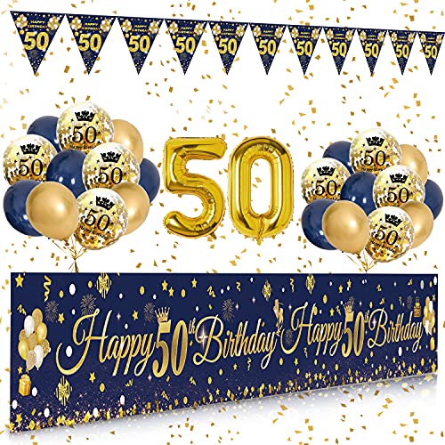 50 Geburtstag Dekoration Mann Frau, Extra Lange Happy Birthday Banner Girlande Wimpel (9*1.21 Füße), 50. Geburtstag Deko Banner Hintergrund und Navy Blau Gold Luftballons Konfetti Luftballons von SWPEED