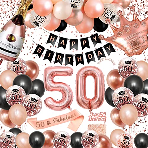 50. Geburtstag Dekorationen Frauen, SWPEED Rosegold Schwarz Deko Set 50th Ballons Happy Birthday Banner Girlande Konfetti luftballon Mädchen Frauen Geburtstag Deko 50 Geburtstag Party Deko Supplies von SWPEED