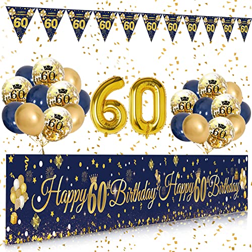 60 Geburtstag Dekoration Mann Frau, Extra Lange Happy Birthday Banner Girlande Wimpel (9 * 1.21 Füße), 60. Geburtstag Deko Banner Hintergrund und Navy Blau Gold luftballons Konfetti Luftballons von SWPEED