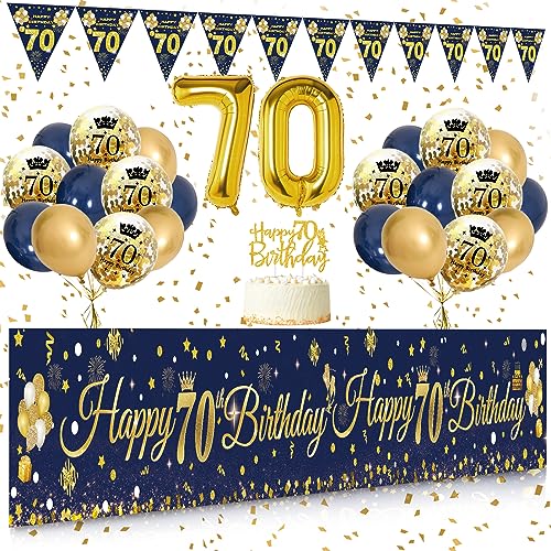 70 Geburtstag Dekoration Mann Frau, Extra Lange Happy Birthday Banner Girlande Wimpel (9 * 1.21 Füße), 70. Geburtstag Deko Banner Hintergrund und Navy Blau Gold luftballons Konfetti Luftballons von SWPEED