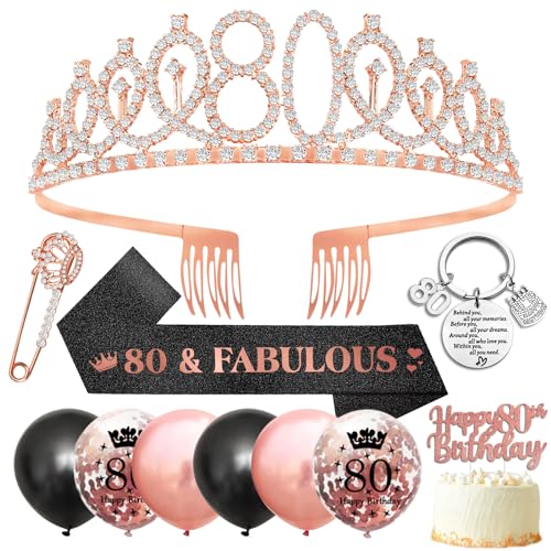 Dekoration zum 80. Geburtstag, Schärpe zum 80. Geburtstag und Tiara zum 80. Geburtstag, Geschenke für Frauen, Roségold, Strass-Krone, Schärpe, Geburtstagsballons, Tortenaufsatz, Kronen-Anstecknadel von SWPEED