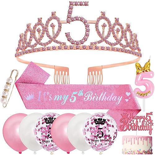 5. Geburtstag Mädchen 5 Jahre Geburtstagsdeko, 5. Geburtstagskrone und Birthday Schärpe,Rosa Diamant Roségold Krone Geburtstag Crown 5 Geburtstag Schärpe,Luftballons 5 Jahre,Kerze 5 Geburtstag Mädchen von SWPEED