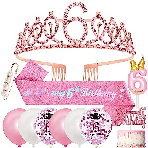 6. Geburtstag Mädchen 6 Jahre Geburtstagsdeko, 6. Geburtstagskrone und Birthday Schärpe,Rosa Diamant Roségold Krone Geburtstag Crown 6 Geburtstag Schärpe,Luftballons 6 Jahre,Kerze 6 Geburtstag Mädchen von SWPEED