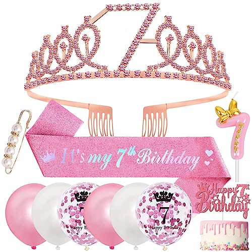 7. Geburtstag Mädchen 7 Jahre Geburtstagsdeko, 7. Geburtstagskrone und Birthday Schärpe,Rosa Diamant Roségold Krone Geburtstag Crown 7 Geburtstag Schärpe,Luftballons 7 Jahre,Kerze 7 Geburtstag Mädchen von SWPEED