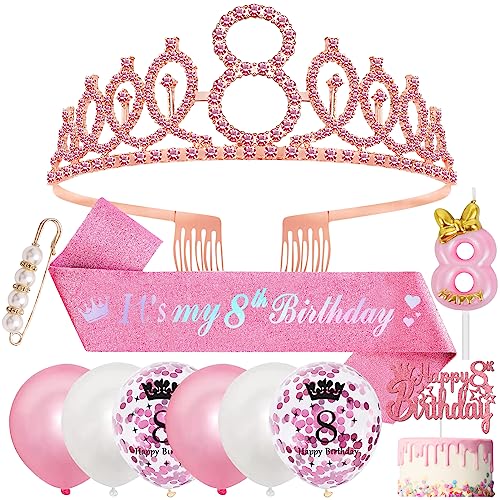 8 Geburtstag Mädchen 8 Jahre Geburtstagsdeko, 8. Geburtstagskrone und Birthday Schärpe,Rosa Diamant Roségold Krone Geburtstag Crown 8 Geburtstag Schärpe,Luftballons 8 Jahre,Kerze 8 Geburtstag Mädchen von SWPEED