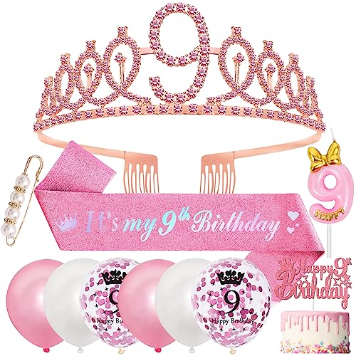 9. Geburtstag Mädchen 9 Jahre Geburtstagsdeko, 9. Geburtstagskrone und Birthday Schärpe,Rosa Diamant Roségold Krone Geburtstag Crown 9 Geburtstag Schärpe,Luftballons 9 Jahre,Kerze 9 Geburtstag Mädchen von SWPEED