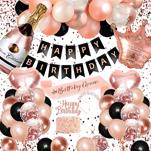 Geburtstagsdeko, SWPEED Rosegold Schwarz Deko Set Happy Birthday Banner Girlande Konfetti luftballon Mädchen Frauen Geburtstag Deko 18 21 30 40 50 60 70 80 90 Geburtstag Party Deko Supplies von SWPEED