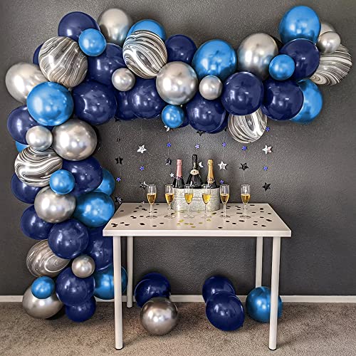 Luftballons Girlande Blau Silber,Ballon Girlande Ballonbogen Navy blau Ballons und Schwarz Achat Metallic Blau Silber Luftballon für Geburtstag Baby Shower Abschlussfeier Hochzeit Halloween Deko von SWPEED