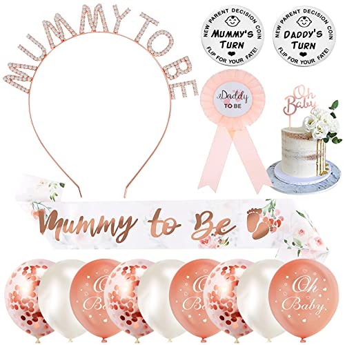 Babyparty Baby Shower Deko Mummy To Be Schärpe und Tiara, Roségold Mommy to be Schärpe Krone Baby Shower Partydeko Babydusche Haarband Schwangerschaft für Schwangere Werdende Mutter Geschenk Deko von SWPEED