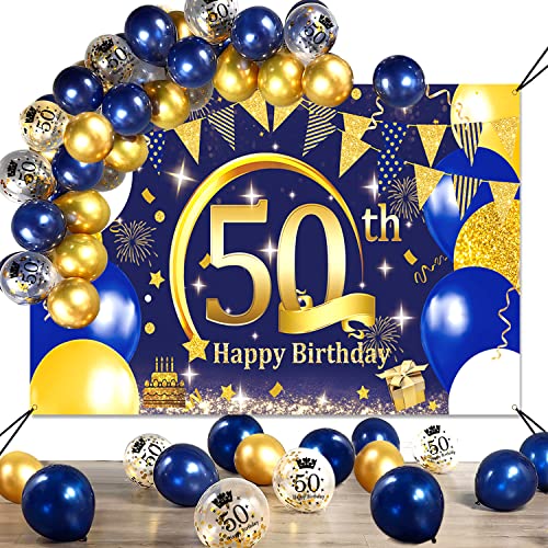 SWPEED 50 Geburtstag Mann Deko Banner, Blau Gold Deko 50. Geburtstag Mann Banner Poster und Navy Blau Gold luftballons Konfetti Luftballons, 50 Geburtstag Banner Hintergrund (74,8×47,2 Zoll) von SWPEED