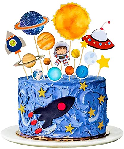 Tortendeko Platz Astronaut Geburtstag Kuchen Rakete Geburtstagsdeko Sonne Planet Party Universum Kuchen Topper für Kinder Junge Mädchen Weltraum Cupcake Toppers Kuchendecoration 16 Stück von SWPEED