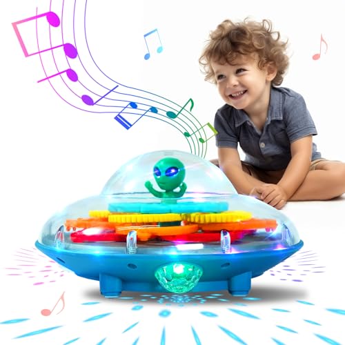 SWTOIPIG Transparentes Zahnradspielzeug, fliegende Untertasse, beleuchtetes Musikspielzeug, elektrisches Spielzeug, 360 ° drehbar, mechanisches Getriebe, Laufspielzeug für Kinder, Lernspielzeug von SWTOIPIG