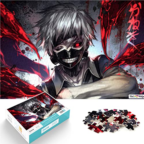 Erwachsene Kinder Puzzle 1000 Teile Puzzle Anime Tokyo Ghoul Puzzle Einfaches Puzzle Ken Kaneki Rote Augen Weiße Haare Maske Zähne Zwinkern Lächeln Blut Kagune Puzzle Spiel 75x50cm von SXBB