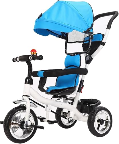 Baby-Dreirad, 4 in 1 Multifunktions-Dreirad, faltbar, lenkbar, mit Griff, abnehmbarem Verdeck, Sicherheitsgurten, einstellbares Schiebedreirad für Kinder von 1-6 Jahren(Blue) von SXRLOZ