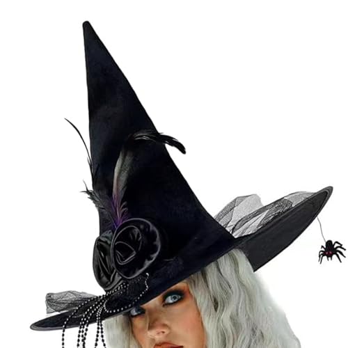 Hexenhut für Halloween-Party, Tüll, gefiederte Zauberermütze, Cosplay, Kostüm, Zubehör, Kopfbedeckung, Maskeraden, Partyzubehör von SXRQ