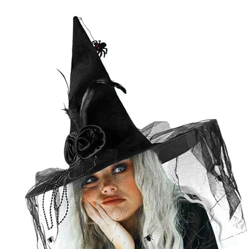 Hexenhut für Halloween-Party, Tüll, gefiederte Zauberermütze, Cosplay, Kostüm, Zubehör, Kopfbedeckung, Maskeraden, Partyzubehör von SXRQ