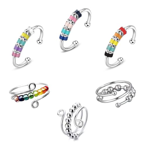 SYEYCW 6 Stück Anti Stress Ring, Verstellbare Anxiety Ring, Anti Angst Spinning mit Perlen Ringe, Offene Spinner Bunte Ring, für Mädchen und Frauen Stress Relief Ängstlichkeit Entlastung von SYEYCW