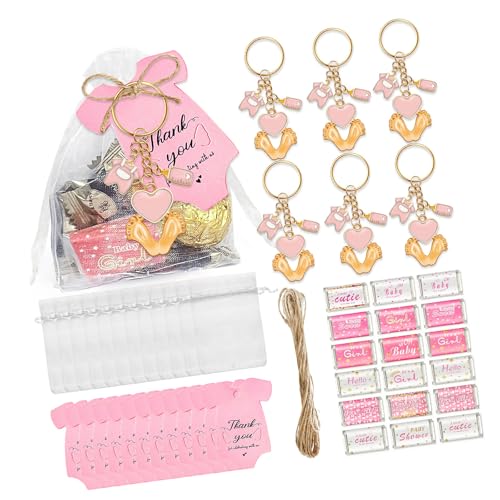 SYJHHWGS 6/20-teiliges Babyfüßchen-Schlüsselanhänger-Set mit Dankeschön-Etikett, Kordelzug, Beutel, Verpackung, Aufkleber für Hochzeiten, Babypartys von SYJHHWGS