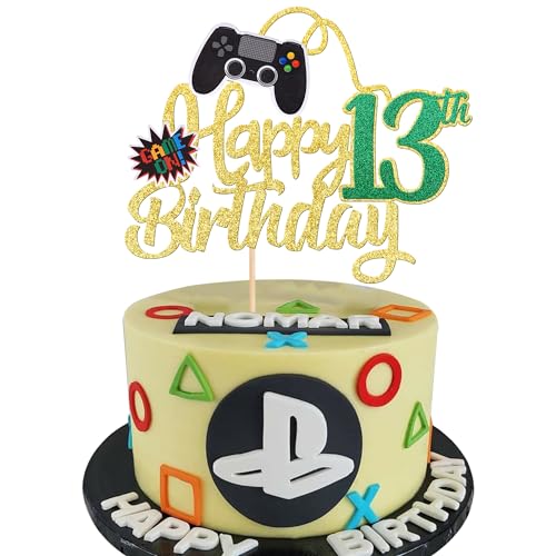 1 Stück 13th Videospiel Geburtstag Tortendeko Glitter Cake Topper Gaming Happy Birthday Kuchen Deko Videospiel Thema Cake Dekoration für Jungen Kindergeburtstag Spiel Thema Party Dekoration Gold von SYKYCTCY