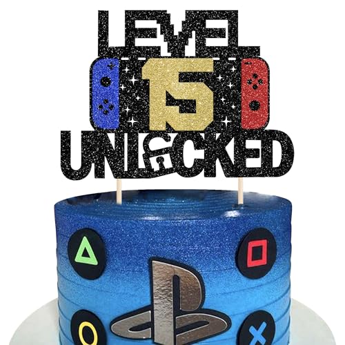 1 Stück 15 Videospiel Tortendeko Glitzer Spielkonsolen Level Unlocked 15th Kuchen Deko 15th Gaming Kuchen Deko für Jahrestag Jungen Mädchen Videospiel Thema Geburtstag Party Kuchendeko von SYKYCTCY