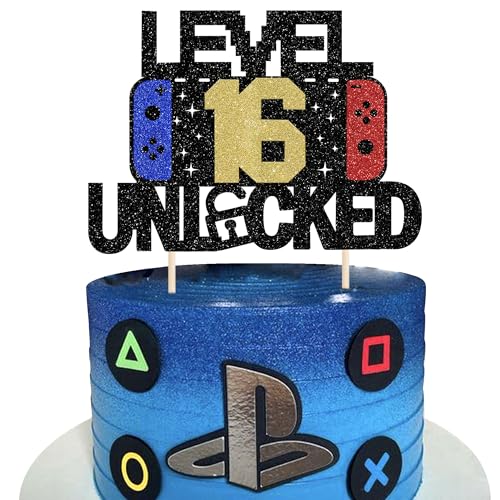 1 Stück 16 Videospiel Tortendeko Glitzer Spielkonsolen Level Unlocked 16th Kuchen Deko 16th Gaming Kuchen Deko für Jahrestag Jungen Mädchen Videospiel Thema Geburtstag Party Kuchendeko von SYKYCTCY