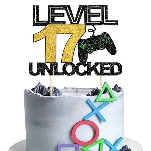 1 Stück 17th Videospiel Tortendeko Glitzer Gaming Level Unlocked 17th Geburtstag Kuchen Deko Spielkonsolen Happy 17th Cake Topper für Spielkonsole Theme Jungen Mädchen Geburtstag Party Kuchendeko von SYKYCTCY