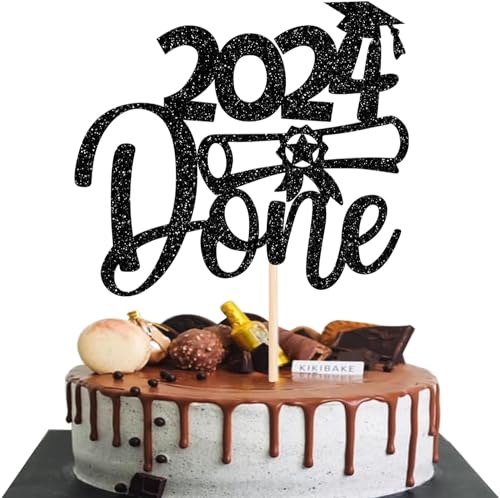 1 Stück 2024 Abschluss Tortendeko 2024 Done Graduation Kuchen Deko Glitzer Graduation Tortendekoration for Junge Mädchen 2024 Abschluss Thema Party Schwarz von SYKYCTCY