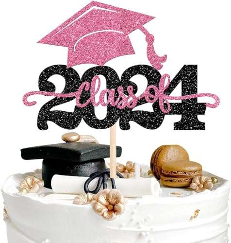 1 Stück 2024 Abschluss Tortendeko Glitzer 2024 Graduation Kuchen Deko Graduierung Kappe Tortendekoration Cake Topper für 2024 Schule Abschluss Party Rosa von SYKYCTCY