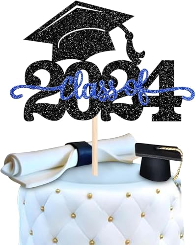 1 Stück 2024 Abschluss Tortendeko Glitzer 2024 Graduation Kuchen Deko Graduierung Kappe Tortendekoration Cake Topper für 2024 Schule Abschluss Party Schwarz Blau von SYKYCTCY