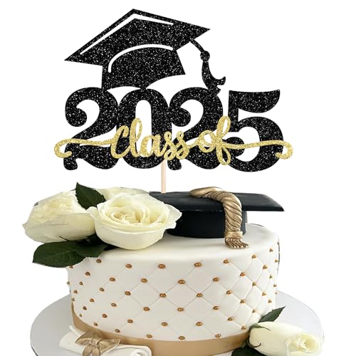 1 Stück 2024 Abschluss Tortendeko Glitzer 2024 Graduation Kuchen Deko Graduierung Kappe Tortendekoration Cake Topper für 2024 Schule Abschluss Party Schwarz Gold von SYKYCTCY