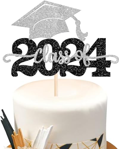 1 Stück 2024 Abschluss Tortendeko Glitzer 2024 Graduation Kuchen Deko Graduierung Kappe Tortendekoration Cake Topper für 2024 Schule Abschluss Party Silber von SYKYCTCY