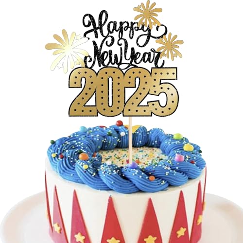 1 Stück 2025 Happy New Year Tortendeko Glitzer Feuerwerk Hello 2025 Cake Topper Gutes neues Jahr 2025 Kuchen Deko für Willkommen 2025 Frohes Neues Jahr Party Torten Dekoration Gold Neu von SYKYCTCY