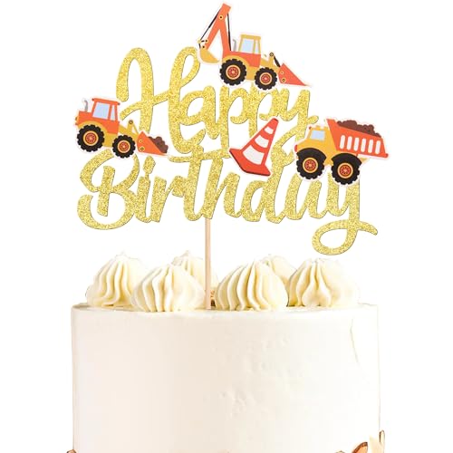 1 Stück Bagger Tortendeko Baufahrzeug Bau Cupcake Toppers Auto Kuchen Deko Bagger Muffin Kuchendekoration für Kinder Jungen Kinder Geburtstagsfeier Party Kuchen Dekoendeko Gold von SYKYCTCY