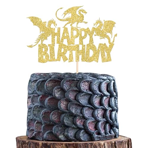 1 Stück Drachen Tortendeko Glitzer Happy Birthday Kuchen Deko Fantasie Geburtstag Cake Topper für Fliegende Drachen Thema Baby Dusche Kinder Geburtstag Party Kuchen Dekorationen Gold von SYKYCTCY