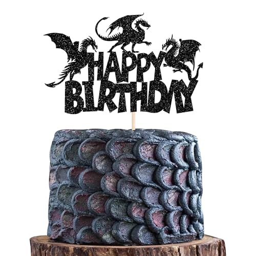 1 Stück Drachen Tortendeko Glitzer Happy Birthday Kuchen Deko Fantasie Geburtstag Cake Topper für Fliegende Drachen Thema Baby Dusche Kinder Geburtstag Party Kuchen Dekorationen Zubehör Schwarz von SYKYCTCY