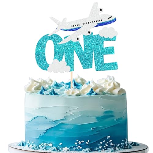 1 Stück Flugzeug One Tortendeko Glitzer Flugzeuge Geburtstag Kuchen Deko für Flugzeuge Thema Kinder Erste Geburtstag Party Kuchen Dekoration Blau Weiß von SYKYCTCY