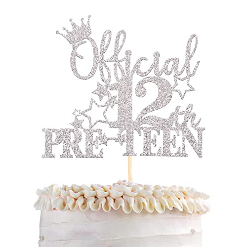 1 Stück Glitzernder Official Pre-Teen 12 Tortendeko, Jungen Mädchen Happy 12th Birthday Cake Topper Geburtstag Teenager Geburtstag Party Prost bis 12 Jahre Party Kuchen Dekoendeko Silber von SYKYCTCY