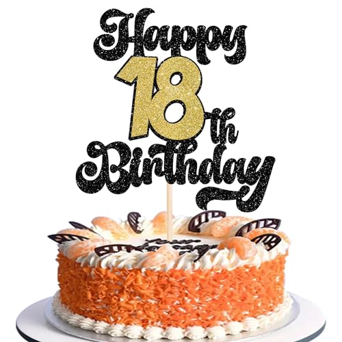 1 Stück Happy 18th Birthday Tortendeko Glitzer 18 Fabelhaft Kuchen Deko Geburtstag Zeichen Cake Topper für 18th Geburtstag Party Kuchen Dekorationen Schwarz Gold von SYKYCTCY