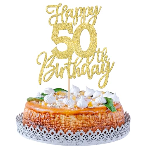 1 Stück Happy 50th Birthday Tortendeko Glitzer Prost auf 50 Jahre Geburtstag Kuchen Deko 50 Fabulous Cake Topper für Happy 50th Birthday Theme Party Kuchen Dekoendeko Gold von SYKYCTCY