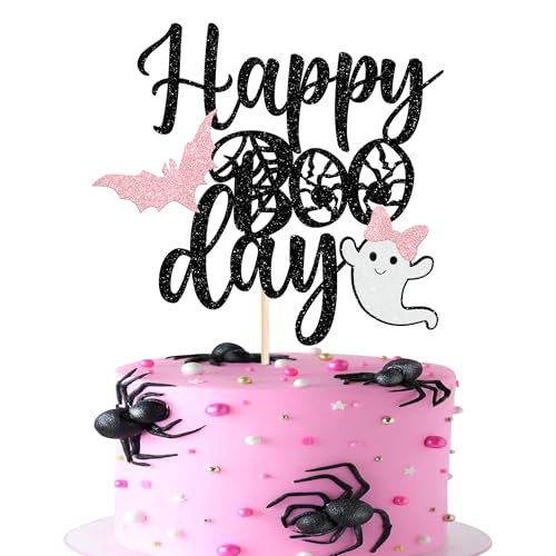 1 Stück Happy Boo Day Cake Topper Glitzer Halloween Ghost Fledermaus Kuchen Deko Halloween Tortendeko für Halloween Thema Baby Dusche Kinder Geburtstag Party Kuchen Dekorationen Schwarz Rosa von SYKYCTCY