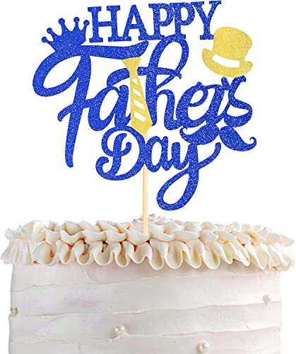 1 Stück Happy Father's Day Tortendeko Glitzer Best Dad Kuchen Deko Super Dad Krawatte Hut Schnurrbart Torten Dekoration für Happy Father's Day Thema Männer Vater Geburtstag Party Blau von SYKYCTCY