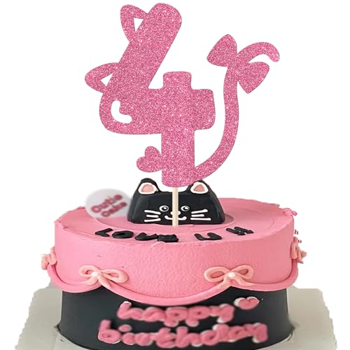 1 Stück Katze 4th Tortendeko Vier Geburtstag Kuchen Deko Glitzer Niedliches Kätzchen Cake Topper für Katze Thema Baby Dusche Kinder 4 Jahre alt Geburtstag Hochzeit Party Kuchen Dekorationen Rosa von SYKYCTCY